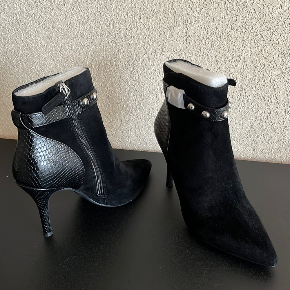 NEW Nine West Black Suede High Heel Booties with Snake Print and Silver Beads